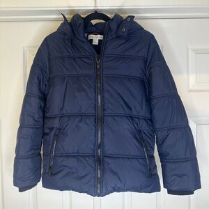 Calvin Klein Navy Blue Puffer Jacket with Hood | Fleece Lined Winter Coat Size L